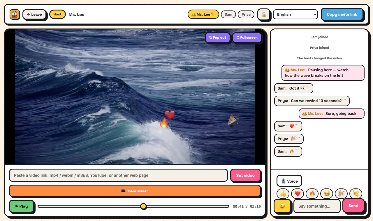 A ScreenParty room: the host controls the video, everyone chats and reacts