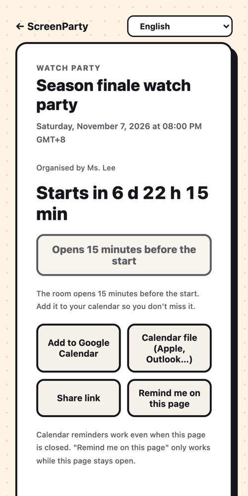 A scheduled watch party: countdown, add to calendar, share